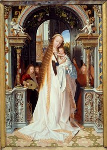 聖母子と三人の天使（トリプティクの中央パネル）。クエンティン・メッツィス（1466-1530）（フラム派）による絵画 1509年 薄暗い。0.54 x 0.37 m Lyon, musee des Beaux Arts - 三人の天使を抱く聖母子。三部作の中央パネル。クエンティンによる絵画 作： Quentin Massys or Metsys