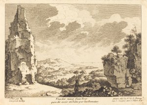 ローマ人によって建てられたと言われる塔の遺跡の眺め 作： Quentin Pierre Chedel after François Boucher