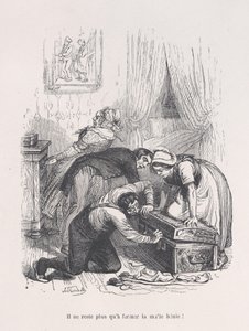 あとは祝福されたトランクを閉じるだけです！ 人間の生活の小さな悲惨さ、1843.. 作： Quichon