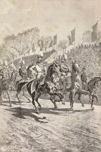 ドイツ皇太子（後のフリードリッヒ3世）のイタリア・ローマ訪問を祝うパレード場に入る参謀たち、クイント・チェンニの図面からのエングレーヴィング、『L
