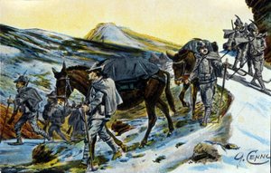 第一次世界大戦：1915年、ラバを持って認識しているイタリアのアルプスの猟師のグループ。イラスト：Qinto Cenni (1845-1917) 作： Quinto Cenni