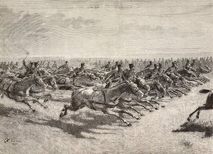 全速力で通過するイタリア軍の馬砲隊、イタリア・ロンバルディア州、クイント・チェンニの図面からのエングレーヴィング、『L