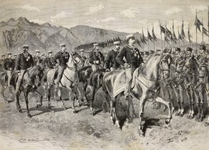 フィレンツェの騎兵を視察するウンベルト1世、後ろにはマルティン・ディ・モントゥ将軍、9月28日、イタリア・ポルデノーネでの騎兵演習、クイント・チェンニの描いた絵からのエングレーヴィング、『L