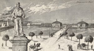 イタリアの政治家・愛国者ジュゼッペ・ガリバルディ（1807-1882）を記念したモニュメントとその背景にある浴場（イタリア・チェゼナーティコ市 作： Quinto Cenni