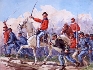 リソルジメント：ローマに進軍するジュゼッペ・ガリバルディ（1807-1882）の軍勢。Quinto Cenniによる水彩画 1892年 作： Quinto Cenni