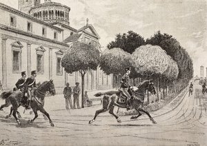 イタリア、サロンノの聖域、ベアタ・ヴェルジネ・デイ・ミラコリの前を通過する馬上の兵士たち、クイント・チェンニの描いた絵からのエングレーヴィング、L