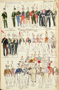 1814年からのナポリ王国の様々なユニフォーム。カラープレート：Cenni Quinto 作： Quinto Cenni