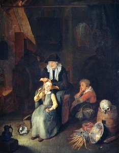 コテージ インテリア 女性が女の子の髪を梳く 作： Quiringh Gerritsz. van Brekelenkam