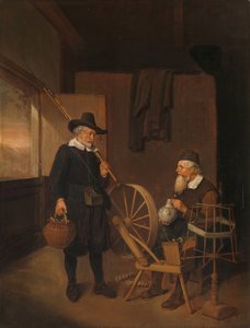 ボビンとスプールの横にフィッシャーマンとマンがいるインテリア 作： Quiringh Gerritsz. van Brekelenkam