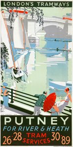 「パットニー、川とヒースのために」、ロンドン カウンティ カウンシル LCC トラムウェイのポスター、1932 年 作： RF Fordred