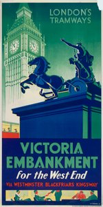 「ビクトリア堤防」、ロンドン カウンティ カウンシル LCC トラムウェイのポスター、1932 年 作： RF Fordred