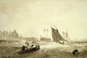 サン・ヴァレリー・シュル・ソンムの船積み、1821年頃（グラファイトの上に茶色のウォッシュ） 作： R. P. Bonnington