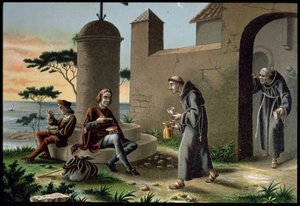 クリストファー・コロンブス (1451-1506) のラ・ラビダ修道院での息子との到着、1878 年にバルセロナで出版された「アメリカの発見」から (カラーリソ) 作： R. Puiggari