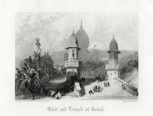 インド、ゴクルのガートとテンプル、c1838。 作： R. Wallis