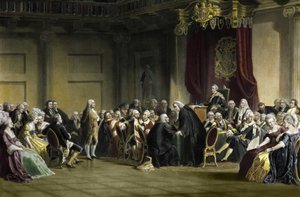 アメリカの哲学者、物理学者、政治家であるベンジャミン・フランクリン（1706-1790）が、ロンドンのホワイトホール・チャペルで枢密院の領主たちの前でスピーチを行った。