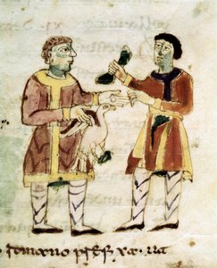写本「De Universo」からのニワトリの商人 (ou De rerum naturis (De la Nature des chooses)) 作： Rabanus Maurus or Mauro Rabano Magnentius