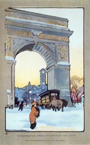 冬の黄昏時のワシントンスクエアアーチ、ポストカード、1914年頃（カラーリトグラフ） 作： Rachael Robinson (after) Elmer