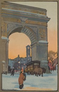 冬のたそがれ時のワシントン・アーチ、1914年。