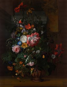 石の棚の壷にあるバラ、渦巻き、ポピー、その他の花 作： Rachel Ruysch