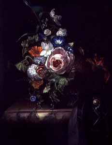ガラスボウルに入ったバラなどの花（油彩・キャンバス） 作： Rachel Ruysch
