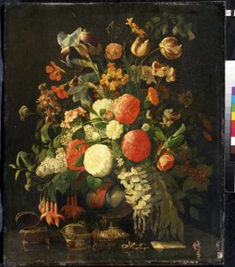 「花束」（花） テーブルの上には宝石箱。 Rachel Ruysch (1664-1750) による絵画 18 世紀 Mikhail Kroshitsky Art Museum、Sevastopol (Sevastopol) ウクライナ 作： Rachel Ruysh