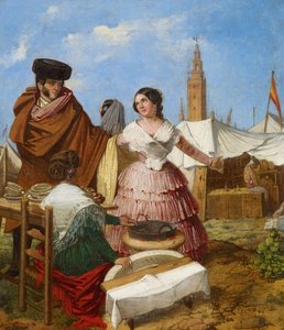 セビリアフェアのリング型ペストリー屋台での求愛 - ベンジュメア、ラファエル (c. 1825-c. 1887) - 1852 - キャンバスに油彩 - 35x30 - カルメンティッセン美術館、マラガ 作： Rafael Benjumea