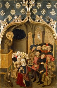 説教中の視覚、ラファエル トーマス作 (1455 年から 1479 年に活動) の聖ベルナンド祭壇画の左側のパネルの詳細、ジョアン フィゲラ作 (1454 年から 1477 年または 1479 年に活動) のプレデラ、パネル上のテンペラ、398、9x253 cm
