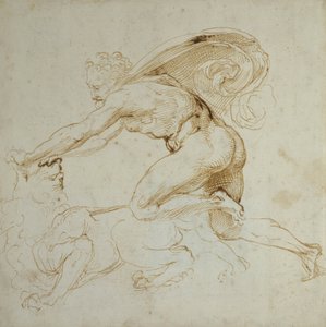 ライオンを圧倒するヘラクレス（白い紙にペンと茶色のインク） 作： Raffaello Sanzio Raphael