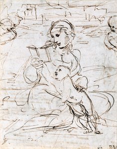 2つのケルビムの頭の間の風景でマドンナと子供を読む、1509 作： Raffaello Sanzio Raphael