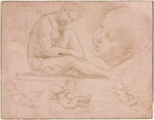 着席した女性、子供の頭、および赤ちゃんの3つの研究の研究c。 1507-8。 作： Raffaello Sanzio Raphael