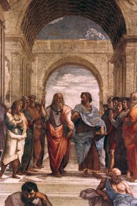 アテネの学校、プラトンとアリストテレスの詳細、1508-1511 作： Raffaello Sanzio Raphael