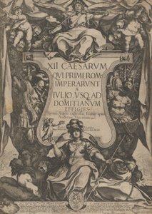 トランペッターの音を鳴らすトランペットがカルトゥーシュの上に置かれた口絵、1606 年。