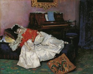 「読書」アリネ・マッソンの肖像 vetue a la japonaise (ジャポニスム) ライムンド・デ・マドラゾ・イ・ガレタ (1841-1920) 1883-1885 カルメン・ティッセン美術館、マラガ スペイン 作： Raimundo de Madrazo y Garreta
