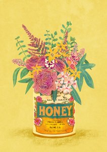 ヴィンテージのハニー缶に入った花 作： 