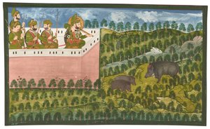 イノシシを狩るマハラナ・ジャワン・シン（R.1821-38）の絵 作： Rajasthani School