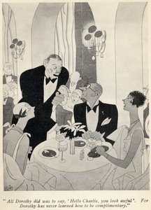 「ドロシーがやったことは、ハロー・チャーリー、あなたはひどく見える」ということでした... ...アニタ・ロスの「しかし紳士はブルネットと結婚します」のイラスト、1928年に出版 作： Ralph Barton