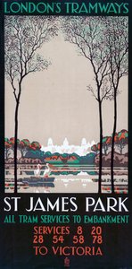 「セント ジェームズ パーク」、ロンドン カウンティ カウンシル LCC トラムウェイのポスター、1928 年 作： Ralph and Brown Studios