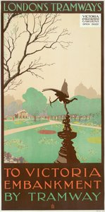 「トラムウェイでビクトリア堤防へ」、ロンドン カウンティ カウンシル LCC トラムウェイのポスター、1928 年 作： Ralph and Brown Studios