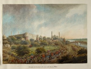 象の背に乗ってラクナウの街に入るヘイスティングス卿の一行、1814～15年頃（紙に水彩） 作： Ram Sita