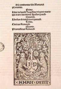 ラモン・リュル(1235-1315)の写本 "De Laudibus Beatissimae Virginis Mariae "のページ、印刷業者Jehan Petitの紋章を持つ2頭のライオンが描かれている