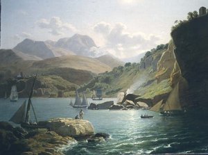 サレルノ湾に浮かぶヴィエトリ・スル・マーレの海岸とレイトの村の風景 作： Ramsay Richard Reinagle