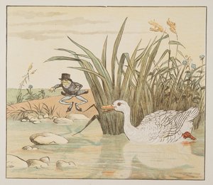 1882年に出版された「The Hey Diddle Diddle Picture Book」の中で、ユリのように白いアヒルがやってきて、彼を食べてしまいました。 作： Randolph Caldecott