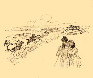 ジョンギルピンが田園地帯を追われている様子を傍観者たちは見ています。1878年、c1918年。 作： Randolph Caldecott