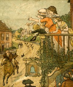 ジョンギルピンは、妻と子供たちがバルコニーから手を振る1878年、c1918としてベルインを通り過ぎました。 作： Randolph Caldecott