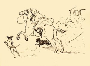 ジョンギルピンは、彼の馬が暴走して1878年、1918年に犬を追いかけています。 作： Randolph Caldecott