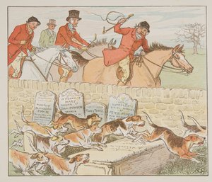 1882年に出版された『The Hey Diddle Diddle Picture Book』に掲載されていた、猟犬が見えてきたときに、牧師は一対の水を飲んだ。 作： Randolph Caldecott