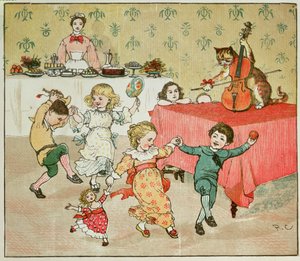 Hey Diddle Diddleの猫とフィドルと子供たちのパーティーのイラスト