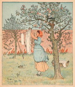 メイドは庭にいて、服を干す、1880年。 作： Randolph Caldecott
