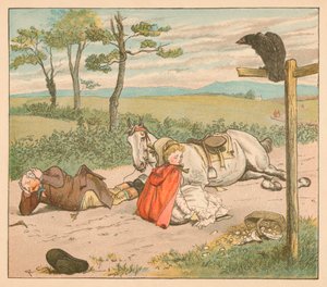 マーレはひざを折り、ファーマーは彼の冠を破りました、c1885、1934。 作： Randolph Caldecott