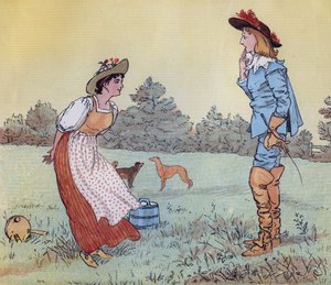 じゃあ結婚できないよ、プリティメイド！」 童謡「牛乳を注ぐ女」のランドルフ・コルデコットによるイラスト。 作： Randolph Caldecott